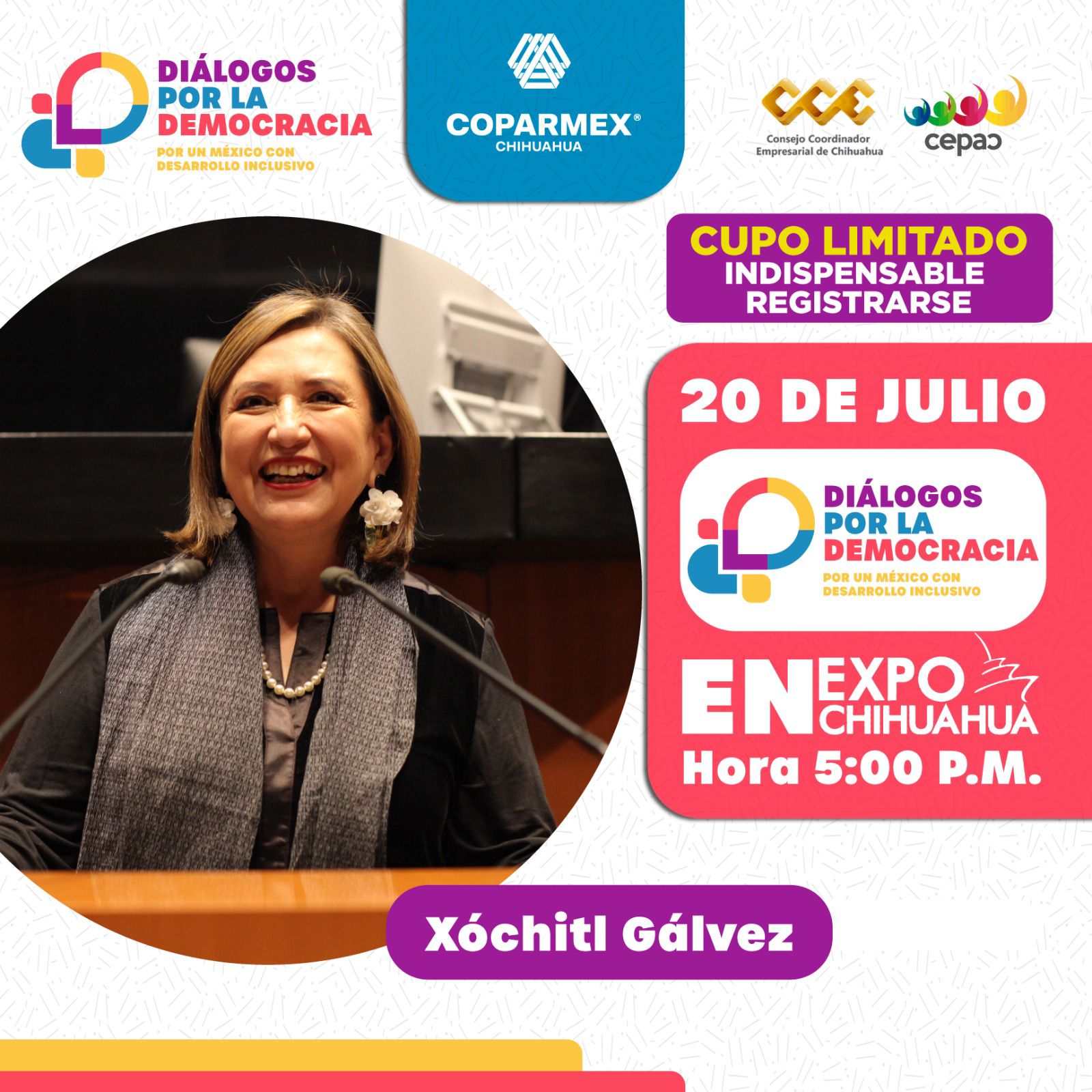 Flyer Xóchitl Diálogos por la democracia Chihuahua - 20 jul 2023